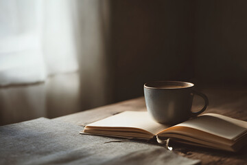 Cozy afternoon with a cup of coffee and an open book on a wooden table by the window