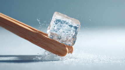A close-up shot of an ice cube held by a bamboo stick, with white sugar in the background