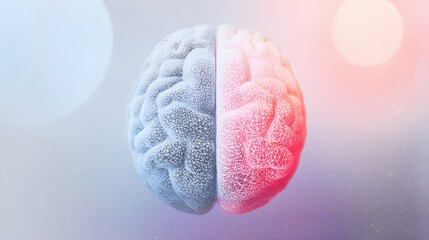 An artistic illustration of the human brain divided into hemispheres, symbolizing emotion and logic on a gradient backdrop. 