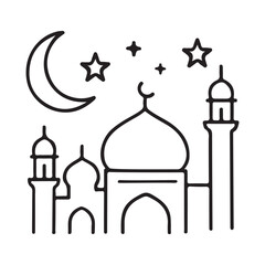 Elegant Outline Icon of Islamic Mosque with Crescent and Star Night Sky