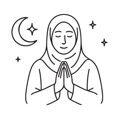 Peaceful Muslim Woman in Hijab Praying or Greeting Under a Night Sky