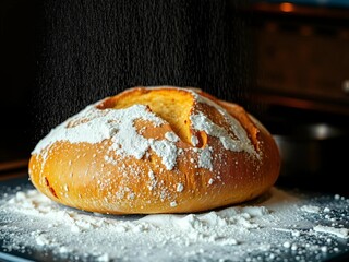 Rustic bread baking, flour dusting, oven warmth,  delicious,  craft