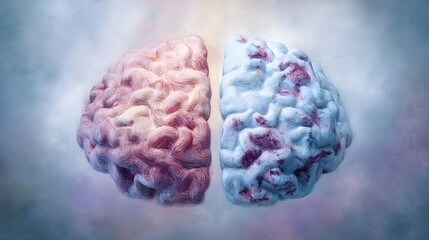 An artistic illustration of the human brain divided into hemispheres, symbolizing emotion and logic on a gradient backdrop. 