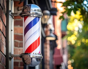 Close-up of classic barber pole, hanging outside brick building