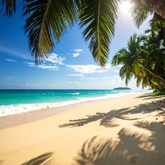 Obraz premium Tropical beach scene with palm trees, blue water, and sunlight