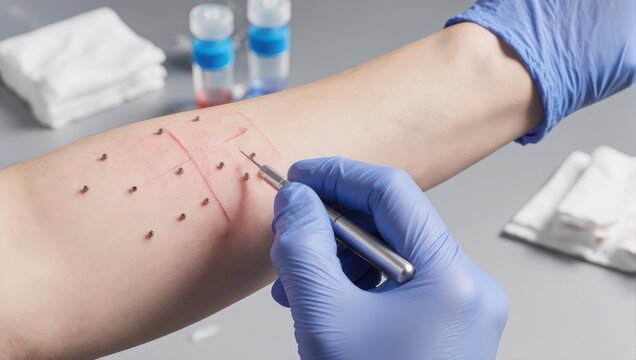 Allergy testing on a persons arm with small pricks and solutions.