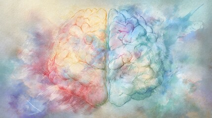 An artistic illustration of the human brain divided into hemispheres, symbolizing emotion and logic on a gradient backdrop. 