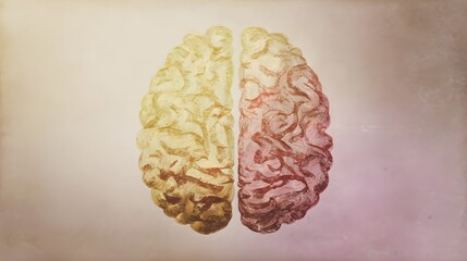 An artistic illustration of the human brain divided into hemispheres, symbolizing emotion and logic on a gradient backdrop. 