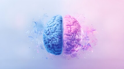 An artistic illustration of the human brain divided into hemispheres, symbolizing emotion and logic on a gradient backdrop. 