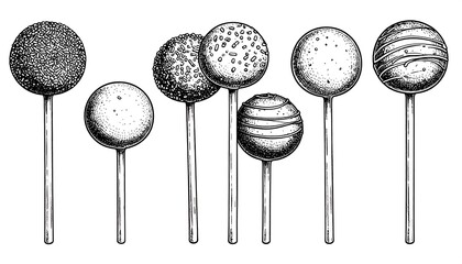 Black and white detailed illustration of multiple cake pops, each with unique decorations