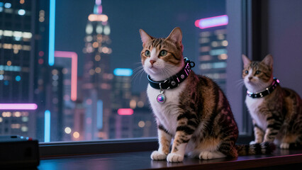 Two adorable tabby cats with spiked collars sitting by a window overlooking a neon cityscape at night