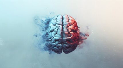 An artistic illustration of the human brain divided into hemispheres, symbolizing emotion and logic on a gradient backdrop. 
