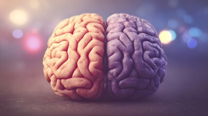 An artistic illustration of the human brain divided into hemispheres, symbolizing emotion and logic on a gradient backdrop. 