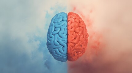 An artistic illustration of the human brain divided into hemispheres, symbolizing emotion and logic on a gradient backdrop. 