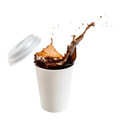 coffee splash in white cup, isolated on white background.