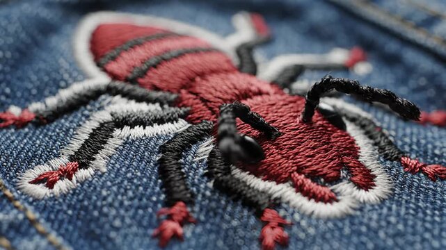 Close Up of an Embroidered Insect Patch on Denim Material