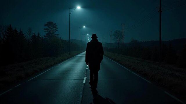Cinematic silhouette of a man walking alone on a lonely asphalt road at night with dim lighting, dramatic and mysterious 4k video footage