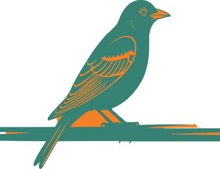 Stylized teal bird perched on a branch with orange accents