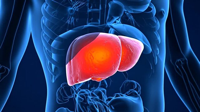 A 3D anatomical rendering showcases the human liver within the chest cavity