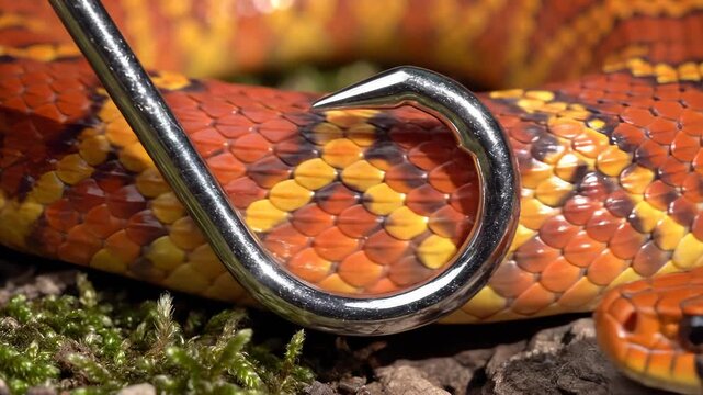 Using Snake Hook to Handle Corn Snake With Orange Scales