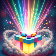 Colorful Gift Box Emitting Radiant Rainbow Light and Sparkles from Soft Clouds, Magical Surprise Concept and Fantasy Celebration Illustration