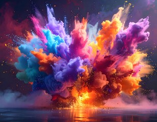 Naklejka premium Vivid explosion of colorful smoke filling the dark, ethereal space