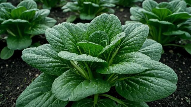 Fresh green bok choy growing in organized rows on fertile farmland. Healthy leafy vegetables thrive under natural daylight, symbolizing organic farming, sustainable agriculture, and fresh food product