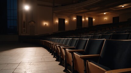 Naklejka premium Empty Theater Interior with Cracked Floor Highlighted by Spotlight Illumination at Dusk