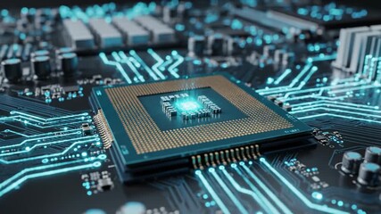 Closeup of a computer microprocessor on circuit board with glowing blue connections - Powered by Adobe