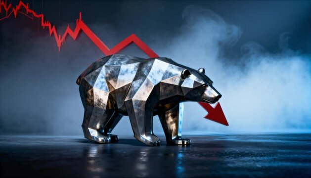 titanium bear statue standing heavily red downtrend chart falling cold blue backlight misty atmosphere perfect for crypto finance investment