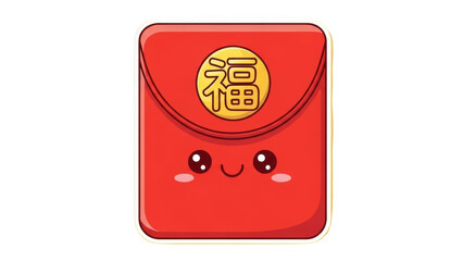 Cute red envelope with a happy face and Chinese character for good fortune symbolizing Lunar New Year celebrations.