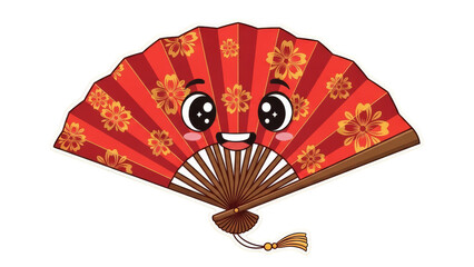 Cute Red Japanese Hand Fan with Kawaii Face and Cherry Blossom Pattern.