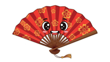 Cute Red Japanese Hand Fan with Kawaii Face and Cherry Blossom Pattern.