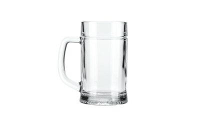 A clear, empty, rectangular glass stein with a handle, isolated on a black background