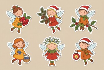 Fototapeta premium Christmas fairies carrying festive decorations in colorful attire 
