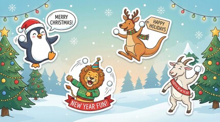 Fototapeta premium Cartoon animals celebrating Christmas and New Year in winter scene 