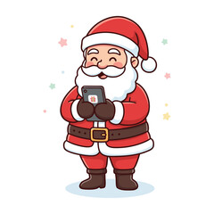 Christmas Santa Using Phone | Festive Cartoon Clipart Vector