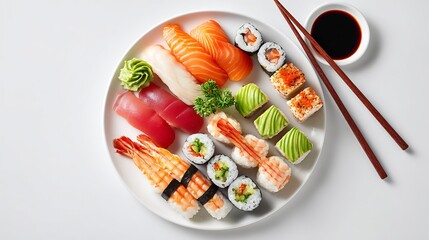 Ultra realistic top down view of assorted Japanese sushi platter featuring fresh nigiri maki roll sashimi slice presented plain white background clean minimal styling perfect culinary stock
