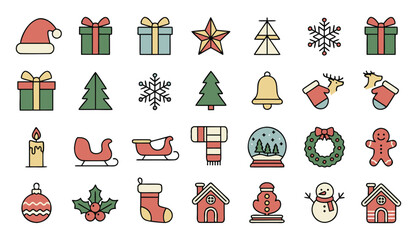 Christmas Icons Set on White Background | Festive Holiday Vector Pack