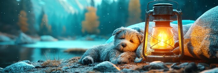 puppy pet camping concept Cozy scene with a lantern and a sleeping animal.