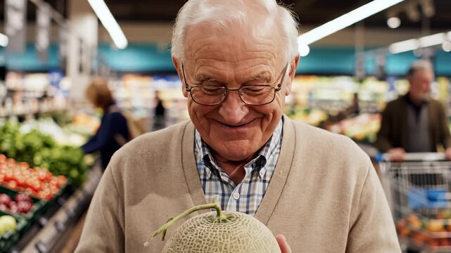 Elderly Man Smelling Fresh Cantaloupe Melon at Grocery Store