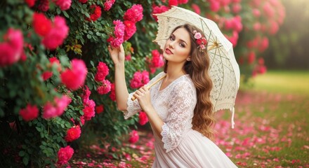 A woman in a white dress and hat touches pink roses in a garden on a sunny day.