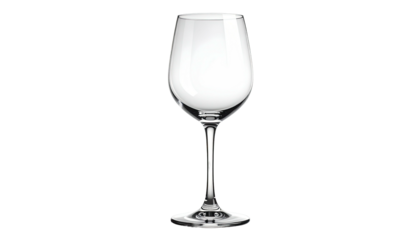 A clear, elegant, stemmed wine glass against a stark black background