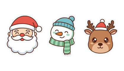Christmas Stickers Set | Santa Claus, Reindeer & Snowman Vector Pack