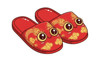 Pair of festive red slippers adorned with golden dragon motifs and large cartoon eyes.
