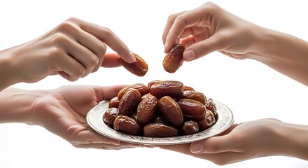 Hands offering a plate of sweet medjool dates isolated on white background