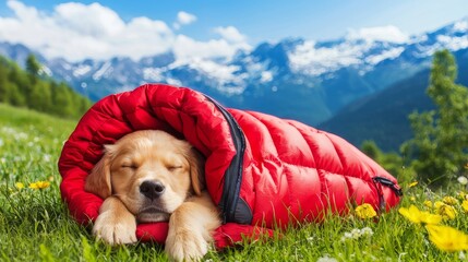 puppy pet camping concept Sleeping dog wrapped in a red blanket outdoors.