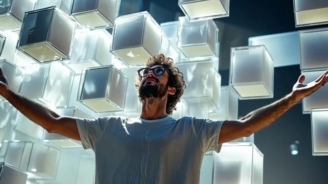Man interacts with floating light boxes in interactive art installation at modern exhibition