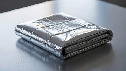 Shiny folded foil packet on gray surface reflecting light with a structured grid pattern