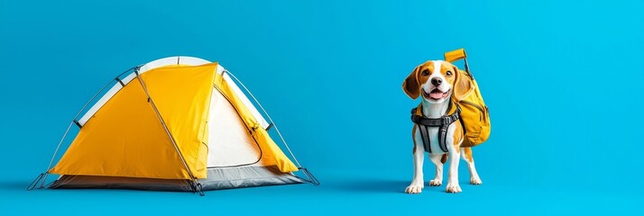 puppy pet camping concept Dog with backpack next to a camping tent on blue background